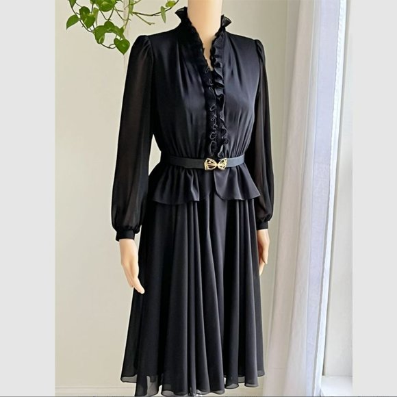 Japanese VINTAGE Goth Black LAMBALLE Long Sleeve Secretary Dress Small RARE - Picture 3 of 12